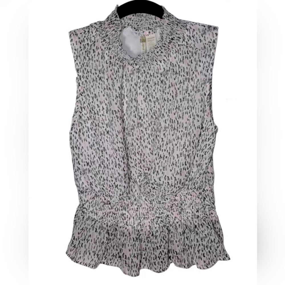 JAPNA S Abstract Multicolor Sheer Sleeveless Mock Neck Blouson Top Fitted Ruffle
